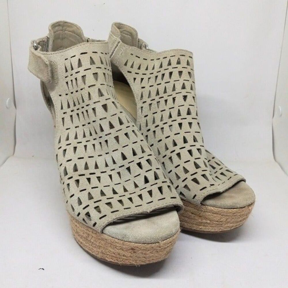 Marc Fisher Helina Size 9M Suede Espadrille Wedges-Taupe-Laser Cut-Peep Toe-Boho